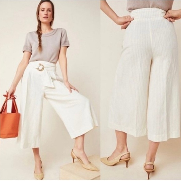 Anthropologie by Anthropologie Palm Beach Belted Linen Stripe Pant Wide Leg 14 - Picture 1 of 16